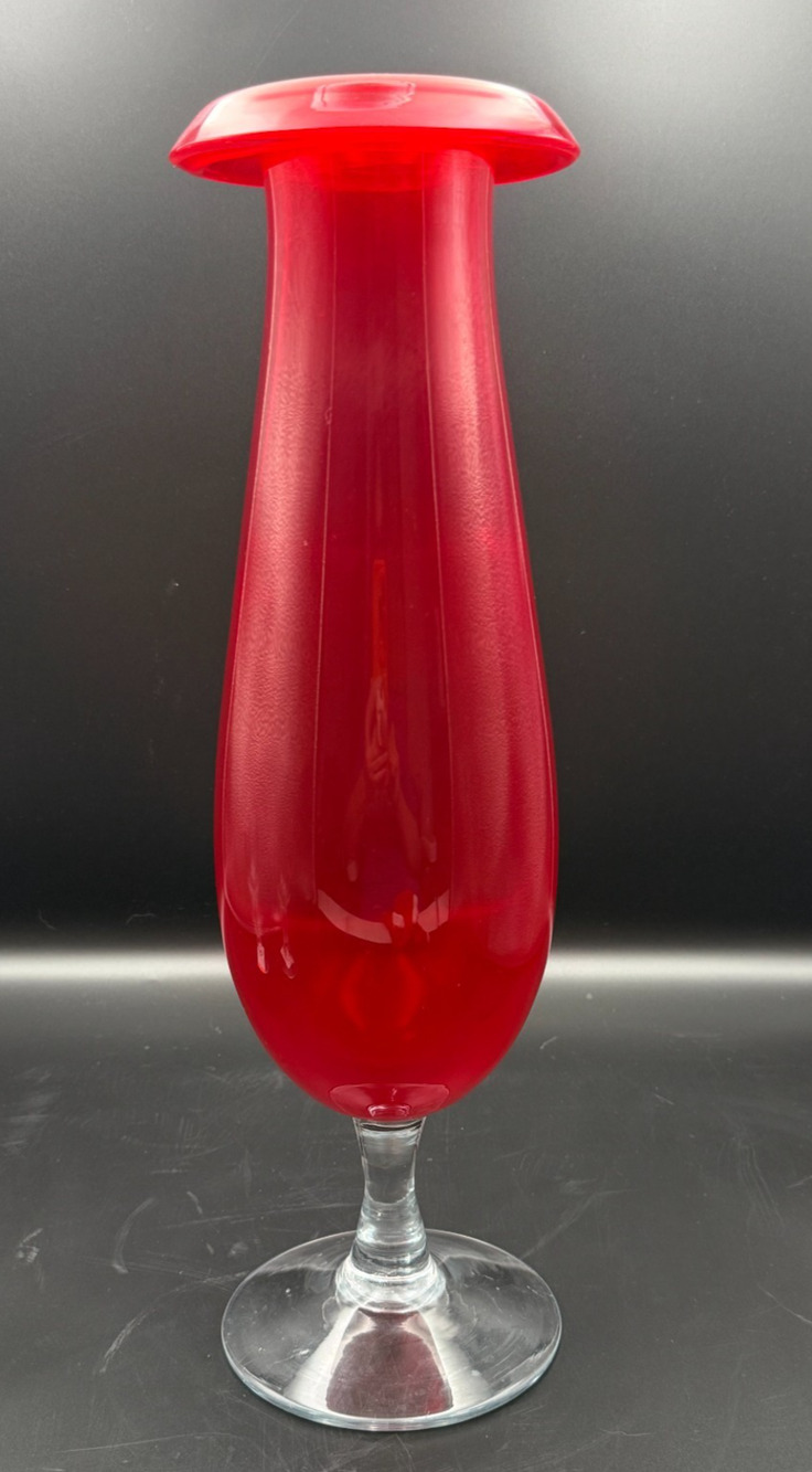 Vintage Mid Century Mod MCM 15" Ruby Red Rolled Flared Lip Clear Pedestal Vase
